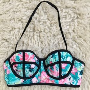 Xhilaration Pink Floral and Black Bikini Top